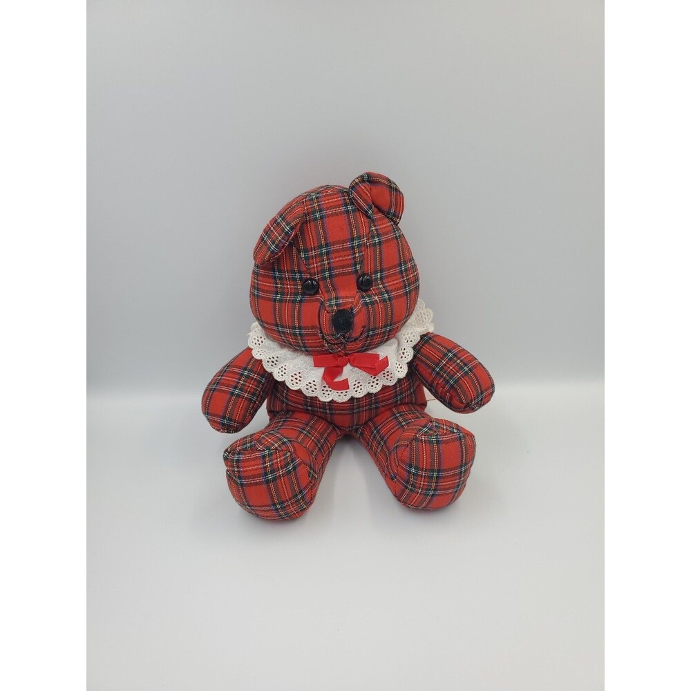 Vtg 1988 Dakin Red Plaid Country Christmas Plush Teddy Bear Lace Stuffed Animal